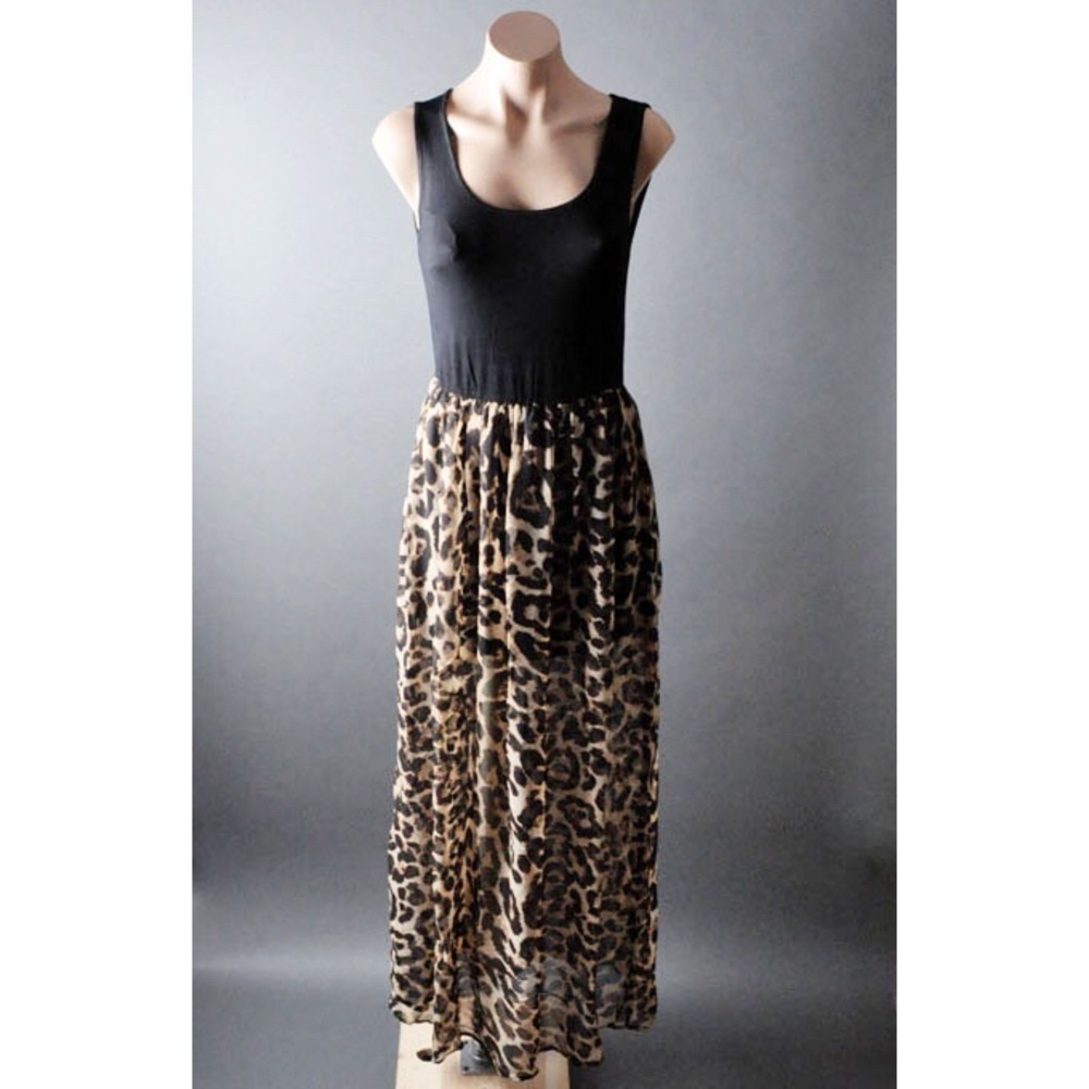 Brown Leopard Sheer Casual Animal Print Sleeveless Summer Tank Long Maxi Dress M